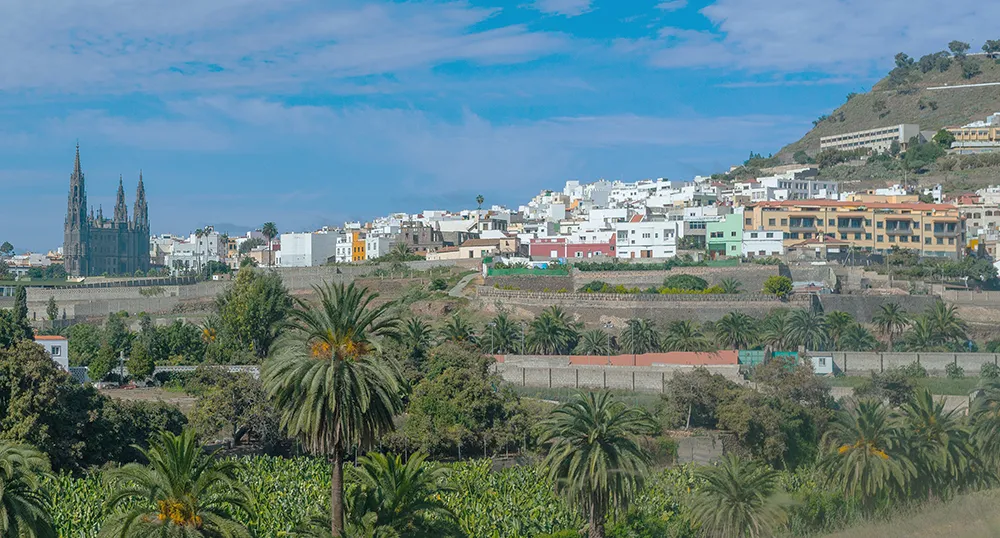 Vista de Arucas con su iglesia neogótica entre plataneras.